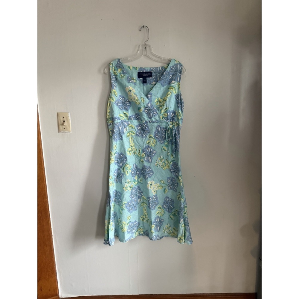 Linen Midi Women's Dress. Size 12 Floral Faux Wrap Minimalist Catherine Stewart‎